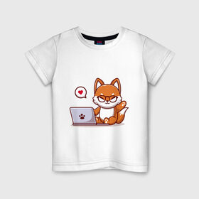 Детская футболка хлопок с принтом Cute fox and laptop в Белгороде, 100% хлопок | круглый вырез горловины, полуприлегающий силуэт, длина до линии бедер | fox | laptop | love | кицуне | кицунэ | комп | компьютер | лапа | лапка | лиса | лисенок | лисичка | лэптоп | любовь | ноут | ноутбук | отпечаток | очки | привет | рука | ручка | сердечко | сердце