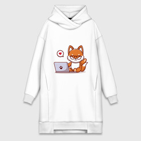 Платье-худи хлопок с принтом Cute fox and laptop в Белгороде,  |  | fox | laptop | love | кицуне | кицунэ | комп | компьютер | лапа | лапка | лиса | лисенок | лисичка | лэптоп | любовь | ноут | ноутбук | отпечаток | очки | привет | рука | ручка | сердечко | сердце