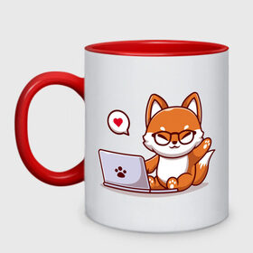 Кружка двухцветная с принтом Cute fox and laptop в Белгороде, керамика | объем — 330 мл, диаметр — 80 мм. Цветная ручка и кайма сверху, в некоторых цветах — вся внутренняя часть | fox | laptop | love | кицуне | кицунэ | комп | компьютер | лапа | лапка | лиса | лисенок | лисичка | лэптоп | любовь | ноут | ноутбук | отпечаток | очки | привет | рука | ручка | сердечко | сердце