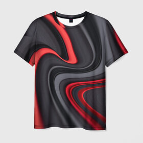 Мужская футболка 3D с принтом Черные и красные линии в Белгороде, 100% полиэфир | прямой крой, круглый вырез горловины, длина до линии бедер | Тематика изображения на принте: волны. неон | красные линии | черные линии. абстракция