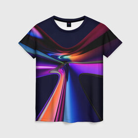 Женская футболка 3D с принтом Красочные светящиеся линии в Белгороде, 100% полиэфир ( синтетическое хлопкоподобное полотно) | прямой крой, круглый вырез горловины, длина до линии бедер | абстракция | линии | неон. светящиеся полосы | форма