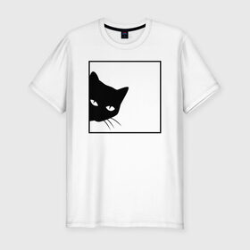 Мужская футболка хлопок Slim с принтом BLACK CAT | ЧЕРНАЯ КОШКА в Белгороде, 92% хлопок, 8% лайкра | приталенный силуэт, круглый вырез ворота, длина до линии бедра, короткий рукав | black | cat | cats | creative | hunter | minimalism | night | кот | коте | котенок | котэ | кошка | креатив | креативная | минимализм | надпись | ночь | охотник | текст | черная | черный