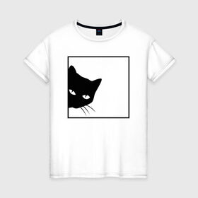 Женская футболка хлопок с принтом BLACK CAT | ЧЕРНАЯ КОШКА в Белгороде, 100% хлопок | прямой крой, круглый вырез горловины, длина до линии бедер, слегка спущенное плечо | black | cat | cats | creative | hunter | minimalism | night | кот | коте | котенок | котэ | кошка | креатив | креативная | минимализм | надпись | ночь | охотник | текст | черная | черный