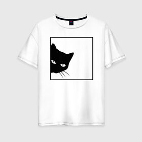 Женская футболка хлопок Oversize с принтом BLACK CAT | ЧЕРНАЯ КОШКА в Белгороде, 100% хлопок | свободный крой, круглый ворот, спущенный рукав, длина до линии бедер
 | black | cat | cats | creative | hunter | minimalism | night | кот | коте | котенок | котэ | кошка | креатив | креативная | минимализм | надпись | ночь | охотник | текст | черная | черный