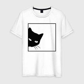 Мужская футболка хлопок с принтом BLACK CAT | ЧЕРНАЯ КОШКА в Белгороде, 100% хлопок | прямой крой, круглый вырез горловины, длина до линии бедер, слегка спущенное плечо. | black | cat | cats | creative | hunter | minimalism | night | кот | коте | котенок | котэ | кошка | креатив | креативная | минимализм | надпись | ночь | охотник | текст | черная | черный