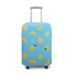 Чехол для чемодана 3D с принтом Лимоны на голубом в Белгороде, 86% полиэфир, 14% спандекс | двустороннее нанесение принта, прорези для ручек и колес | citrus | lemon | pattern | seamless | summer | tropical | желтый | лето | лимон | природа | тропики | узор | фрукты | цитрус | экзотика