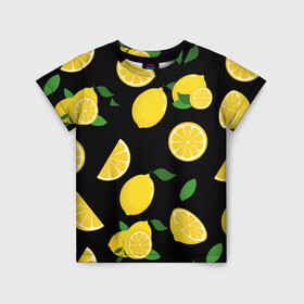 Детская футболка 3D с принтом Лимоны на чёрном в Белгороде, 100% гипоаллергенный полиэфир | прямой крой, круглый вырез горловины, длина до линии бедер, чуть спущенное плечо, ткань немного тянется | citrus natural fruit | fresh | illustration | organic | pattern | texture | лето | лимон | свежесть | тропики | узор | фон | фрукты | цитрус | экзотика