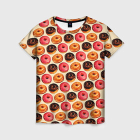 Женская футболка 3D с принтом Пончики в Белгороде, 100% полиэфир ( синтетическое хлопкоподобное полотно) | прямой крой, круглый вырез горловины, длина до линии бедер | еда | колечки | кольцо | конфеты | круг | пища | пончик | пончики | разноцветные пончики | сладкие пончики | сладкое