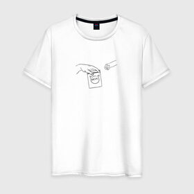Мужская футболка хлопок с принтом Вискас в Белгороде, 100% хлопок | прямой крой, круглый вырез горловины, длина до линии бедер, слегка спущенное плечо. | вискас | животные | искусство | кот | котик | прикол | сотворение адама | юмор