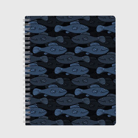 Тетрадь с принтом Синие рыбы на темном фоне в Белгороде, 100% бумага | 48 листов, плотность листов — 60 г/м2, плотность картонной обложки — 250 г/м2. Листы скреплены сбоку удобной пружинной спиралью. Уголки страниц и обложки скругленные. Цвет линий — светло-серый
 | морской паттерн | подводный мир | рыбы | синие рыбы