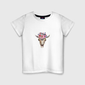 Детская футболка хлопок с принтом Черепушка в бохо-стиле в Белгороде, 100% хлопок | круглый вырез горловины, полуприлегающий силуэт, длина до линии бедер | бохо | бохо стиль | череп коровы | череп с цветами