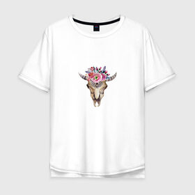 Мужская футболка хлопок Oversize с принтом Черепушка в бохо-стиле в Белгороде, 100% хлопок | свободный крой, круглый ворот, “спинка” длиннее передней части | бохо | бохо стиль | череп коровы | череп с цветами