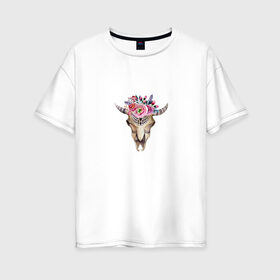Женская футболка хлопок Oversize с принтом Черепушка в бохо-стиле в Белгороде, 100% хлопок | свободный крой, круглый ворот, спущенный рукав, длина до линии бедер
 | бохо | бохо стиль | череп коровы | череп с цветами
