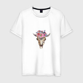 Мужская футболка хлопок с принтом Черепушка в бохо-стиле в Белгороде, 100% хлопок | прямой крой, круглый вырез горловины, длина до линии бедер, слегка спущенное плечо. | бохо | бохо стиль | череп коровы | череп с цветами
