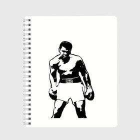 Тетрадь с принтом The Greatest (Muhammad Ali) в Белгороде, 100% бумага | 48 листов, плотность листов — 60 г/м2, плотность картонной обложки — 250 г/м2. Листы скреплены сбоку удобной пружинной спиралью. Уголки страниц и обложки скругленные. Цвет линий — светло-серый
 | ali | clay | mohammed | али | боец | боксер | величайший | возможность | искусства | касиус | клей | личность | мозайка | мотивация | мохаммед | мухамед | перчатки | сила | слова | спорт | темный | узор