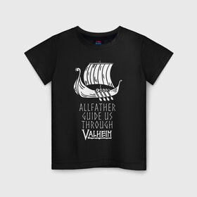 Детская футболка хлопок с принтом VALHEIM в Белгороде, 100% хлопок | круглый вырез горловины, полуприлегающий силуэт, длина до линии бедер | coffee stain | valheim | vikings | вальхайм | вальхеим | вальхейм. | викинги | выживание | гарпун бездны | мечи