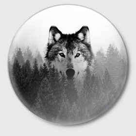 Значок с принтом Волк в Белгороде,  металл | круглая форма, металлическая застежка в виде булавки | tegunvteg | волк | деревья | красивый лес | лес | листья | природа | собака | темный лес