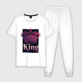 Мужская пижама хлопок с принтом King Король Корона в Белгороде, 100% хлопок | брюки и футболка прямого кроя, без карманов, на брюках мягкая резинка на поясе и по низу штанин
 | 23 февраля | chess | crown | duke | for man | gradient | king | man | pink | purple | russian | true king | tsar | всея руси | градиент | для мужчины | для парня | князь | настоящий король | парень | прикол | русский | русь | царевич | ца