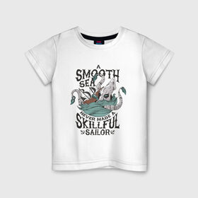 Детская футболка хлопок с принтом Кракен Шторм и Корабль в Белгороде, 100% хлопок | круглый вырез горловины, полуприлегающий силуэт, длина до линии бедер | kraken | merch | pirat | pirate | sailor | sea | sea monster | ship | storm | искусный моряк | кальмар | кракен мерч | легенда | миф | море | морское чудовище | моряк | океан | осьминог | пират | пиратский корабль | пиратский мерч