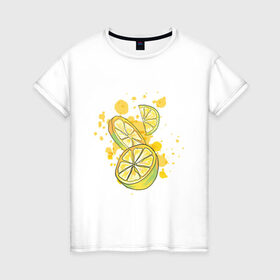 Женская футболка хлопок с принтом Лимон и Лайм в Белгороде, 100% хлопок | прямой крой, круглый вырез горловины, длина до линии бедер, слегка спущенное плечо | Тематика изображения на принте: art | food | juice | juicy | lemon | lime | summer | watercolor | watercolour | акварель | акварельные фрукты | арт | брызги | витамин с | еда | желтый лимон | зеленый лайм | иллюстрация | лето | правильное питание | природа | рисунок