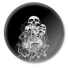 Значок с принтом ЧЕРЕПА в Белгороде,  металл | круглая форма, металлическая застежка в виде булавки | black | death | horror | metal | skull | white | арт | белый | зомби | кости | паутина | скелет | череп | черный