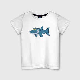 Детская футболка хлопок с принтом АКУЛЕНОК в Белгороде, 100% хлопок | круглый вырез горловины, полуприлегающий силуэт, длина до линии бедер | Тематика изображения на принте: fish | megalodon | shark | teeth | white shark | акула | белая акула | зубы | мегалодон | рыба