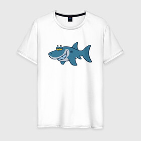 Мужская футболка хлопок с принтом АКУЛЕНОК в Белгороде, 100% хлопок | прямой крой, круглый вырез горловины, длина до линии бедер, слегка спущенное плечо. | fish | megalodon | shark | teeth | white shark | акула | белая акула | зубы | мегалодон | рыба