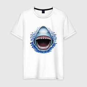 Мужская футболка хлопок с принтом АКУЛА ЧЕЛЮСТИ в Белгороде, 100% хлопок | прямой крой, круглый вырез горловины, длина до линии бедер, слегка спущенное плечо. | fish | jaws | megalodon | shark | teeth | white shark | акула | белая акула | зубы | клыки | мегалодон | пасть | рот | рыба | челюсти