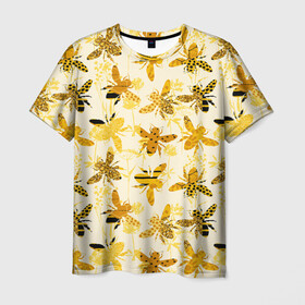 Мужская футболка 3D с принтом Разные Пчелы в Белгороде, 100% полиэфир | прямой крой, круглый вырез горловины, длина до линии бедер | Тематика изображения на принте: bee | букет | животные | крылья | медовый | насекомые | паттерн | полосатый | пятна | соты | текстура | узор | цветы