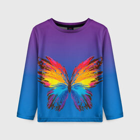 Детский лонгслив 3D с принтом красочная бабочка в Белгороде, 100% полиэстер | длинные рукава, круглый вырез горловины, полуприлегающий силуэт
 | абстрактное искусство | бабочка | беспозвоночные | брызги | градиент | краска | красочная | крылья | лето | мотыльки и бабочки | насекомое | радуга | ярко