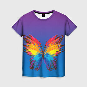 Женская футболка 3D с принтом красочная бабочка в Белгороде, 100% полиэфир ( синтетическое хлопкоподобное полотно) | прямой крой, круглый вырез горловины, длина до линии бедер | абстрактное искусство | бабочка | беспозвоночные | брызги | градиент | краска | красочная | крылья | лето | мотыльки и бабочки | насекомое | радуга | ярко
