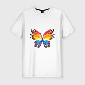 Мужская футболка хлопок Slim с принтом бабочка краской в Белгороде, 92% хлопок, 8% лайкра | приталенный силуэт, круглый вырез ворота, длина до линии бедра, короткий рукав | бабочка | беспозвоночные | брызги | градиент | краска | красочная | крылья | лето | мотыльки и бабочки | насекомое | насекомые | радуга | ярко