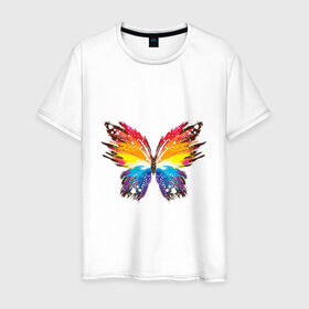 Мужская футболка хлопок с принтом бабочка краской в Белгороде, 100% хлопок | прямой крой, круглый вырез горловины, длина до линии бедер, слегка спущенное плечо. | бабочка | беспозвоночные | брызги | градиент | краска | красочная | крылья | лето | мотыльки и бабочки | насекомое | насекомые | радуга | ярко