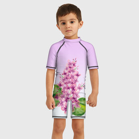 Детский купальный костюм 3D с принтом акварельная сирень в Белгороде, Полиэстер 85%, Спандекс 15% | застежка на молнии на спине | акварель | весна | ветка | краска | рисунок | сериневый | сирень | цветы