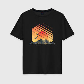 Женская футболка хлопок Oversize с принтом Mountain Galaxy Sunset в Белгороде, 100% хлопок | свободный крой, круглый ворот, спущенный рукав, длина до линии бедер
 | abstract | art | geometric | geometry | landscape | minimalism | sky | space | sun | абстракция | арт | векторный рисунок | восход | галактика | геометрия | гора | горный пейзаж | горы | закат | картина | космос | минимализм | небо