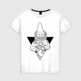 Женская футболка хлопок с принтом Gnome Chompski Astronaut в Белгороде, 100% хлопок | прямой крой, круглый вырез горловины, длина до линии бедер, слегка спущенное плечо | garden gnome | gnome alone | little rocket man | гном чомски | маленький космонавт | один гнома | садовый гном