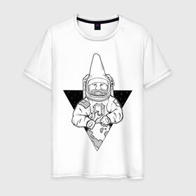 Мужская футболка хлопок с принтом Gnome Chompski Astronaut в Белгороде, 100% хлопок | прямой крой, круглый вырез горловины, длина до линии бедер, слегка спущенное плечо. | Тематика изображения на принте: garden gnome | gnome alone | little rocket man | гном чомски | маленький космонавт | один гнома | садовый гном