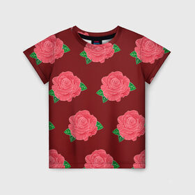 Детская футболка 3D с принтом Розы на красном в Белгороде, 100% гипоаллергенный полиэфир | прямой крой, круглый вырез горловины, длина до линии бедер, чуть спущенное плечо, ткань немного тянется | Тематика изображения на принте: black | botany | flowers | pattern | plant | red | rose | white | белый | ботаника | красный | растение | роза | узор | цветы | черный