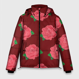 Мужская зимняя куртка 3D с принтом Розы на красном в Белгороде, верх — 100% полиэстер; подкладка — 100% полиэстер; утеплитель — 100% полиэстер | длина ниже бедра, свободный силуэт Оверсайз. Есть воротник-стойка, отстегивающийся капюшон и ветрозащитная планка. 

Боковые карманы с листочкой на кнопках и внутренний карман на молнии. | Тематика изображения на принте: black | botany | flowers | pattern | plant | red | rose | white | белый | ботаника | красный | растение | роза | узор | цветы | черный