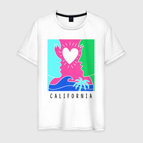 Мужская футболка хлопок с принтом CALIFORNIA в Белгороде, 100% хлопок | прямой крой, круглый вырез горловины, длина до линии бедер, слегка спущенное плечо. | california | love | закат | калифорния | любовь | пляж | поцелуй | романтика