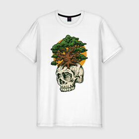 Мужская футболка хлопок Slim с принтом Дерево из черепа в Белгороде, 92% хлопок, 8% лайкра | приталенный силуэт, круглый вырез ворота, длина до линии бедра, короткий рукав | абстракция | дерево | дуб | кости | скелет | чеперушка | череп