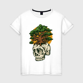Женская футболка хлопок с принтом Дерево из черепа в Белгороде, 100% хлопок | прямой крой, круглый вырез горловины, длина до линии бедер, слегка спущенное плечо | абстракция | дерево | дуб | кости | скелет | чеперушка | череп