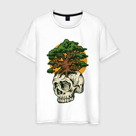 Мужская футболка хлопок с принтом Дерево из черепа в Белгороде, 100% хлопок | прямой крой, круглый вырез горловины, длина до линии бедер, слегка спущенное плечо. | абстракция | дерево | дуб | кости | скелет | чеперушка | череп