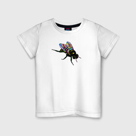 Детская футболка хлопок с принтом Радужная Муха в Белгороде, 100% хлопок | круглый вырез горловины, полуприлегающий силуэт, длина до линии бедер | животные | крылья | мульт | муха | насекомые | паттерн | полосатый | радуга | текстура | узор | цветы