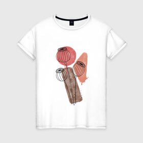 Женская футболка хлопок с принтом Маки в Белгороде, 100% хлопок | прямой крой, круглый вырез горловины, длина до линии бедер, слегка спущенное плечо | акварель | коричневый | красный | маки | растения | сухоцветы | цветы