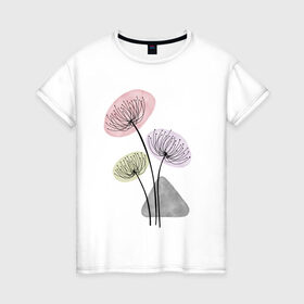 Женская футболка хлопок с принтом Одуванчики в Белгороде, 100% хлопок | прямой крой, круглый вырез горловины, длина до линии бедер, слегка спущенное плечо | зонтики | лето | растения | серый. одуванчик | сиреневый | сухоцветы | цветы