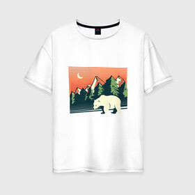 Женская футболка хлопок Oversize с принтом Белый медведь пейзаж с горами в Белгороде, 100% хлопок | свободный крой, круглый ворот, спущенный рукав, длина до линии бедер
 | landscape | moon | mountain | mountains | north pole | polar | polar bear | russian bear | антарктида | антарктика | арктика | горы | дикая природа | лес | луна | медвежонок | мишка | полярный медведь | природа | русский медведь
