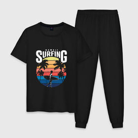 Мужская пижама хлопок с принтом Серфинг на Гавайах в Белгороде, 100% хлопок | брюки и футболка прямого кроя, без карманов, на брюках мягкая резинка на поясе и по низу штанин
 | гавайи | закат | отпуск | пальмы | серфинг