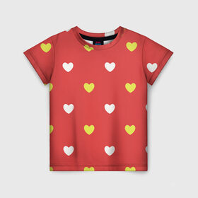 Детская футболка 3D с принтом Сердечки на красном паттерн в Белгороде, 100% гипоаллергенный полиэфир | прямой крой, круглый вырез горловины, длина до линии бедер, чуть спущенное плечо, ткань немного тянется | Тематика изображения на принте: background | design | fabric | heart | love | pattern | red | romance | romantic | seamless | valentine | красный | любовь | рисунок | романтика | сердце | узор