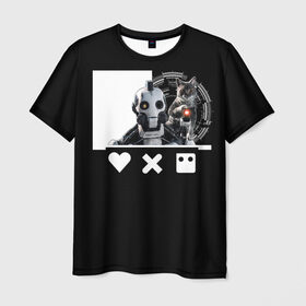 Мужская футболка 3D с принтом Андроид XBOT 4000 в Белгороде, 100% полиэфир | прямой крой, круглый вырез горловины, длина до линии бедер | Тематика изображения на принте: андроид | белочерный | белый | знак | кот | котик | кошка | любовь | механизм | робот | роботы | черный